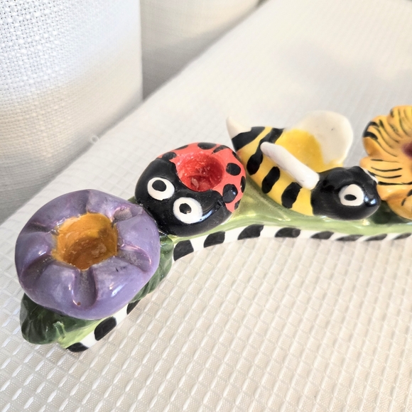 Art Pottery Multi Candle Holder Butterfly Ladybug Whimsical Spring Table Signed - Picture 7 of 10